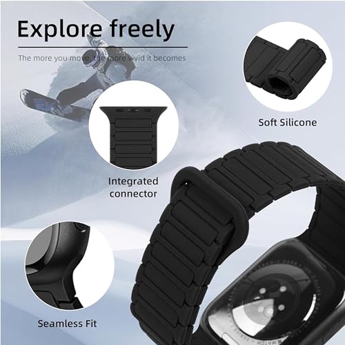 GUOi® Magnetic Silicone Watchband Compatible with Apple Watch Ultra 2＆Ultra 49mm 45mm 44mm 42mm 46mm-Men&Women Strap for iWatch Se10/9/8/7/6/5/4/3/2/1 SE 46/44/45/49/42mm(Series 3/2/1)-Black+Choco - Image 3