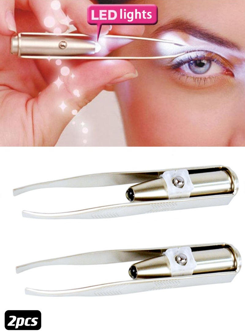 Generic 2pcs Tweezers – Precision Slant Tip With Led Light For Women and Men - Finest Point Grip For Professional Results - Great for Eyebrows, Nose, Lip, Clear Light Stainless Steel Hair Remover  - Image 1