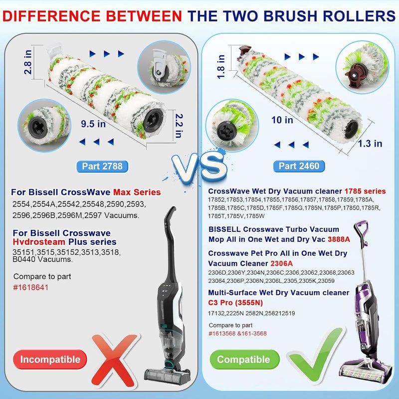Lemige Brush Filter Replacement Parts for Bissell CrossWave Vacuum 3888A 1785 Pet Pro 2306A Cordless Wet Dry Vac, 3 Pack 2460 Multi-Surface Pet Brush Roll & 1866 Vacuum Filter, Part 1613568 1608684 - Image 3