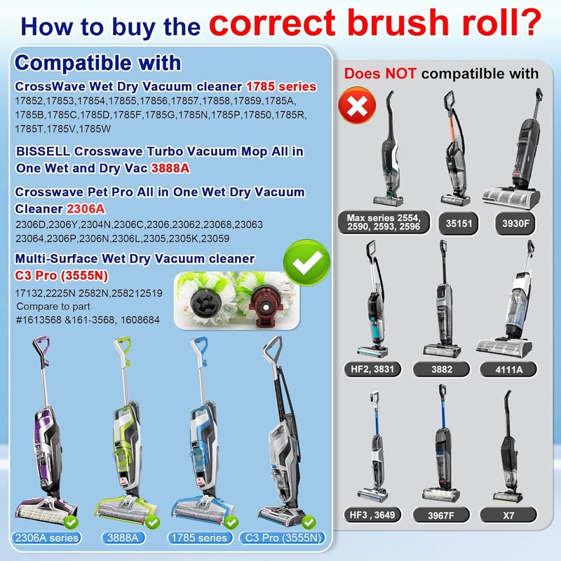 Lemige Brush Filter Replacement Parts for Bissell CrossWave Vacuum 3888A 1785 Pet Pro 2306A Cordless Wet Dry Vac, 3 Pack 2460 Multi-Surface Pet Brush Roll & 1866 Vacuum Filter, Part 1613568 1608684 - Image 2
