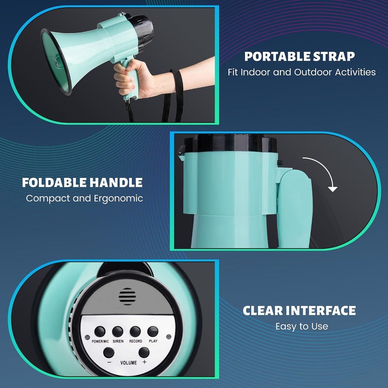 Loudmore 30 Watt Power Portable Megaphone Bullhorn Speaker Voice, Siren/Alarm and 240S Recording with Volume Control and Strap (Teal) - Image 3