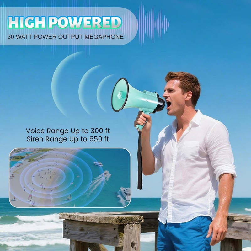 Loudmore 30 Watt Power Portable Megaphone Bullhorn Speaker Voice, Siren/Alarm and 240S Recording with Volume Control and Strap (Teal) - Image 4
