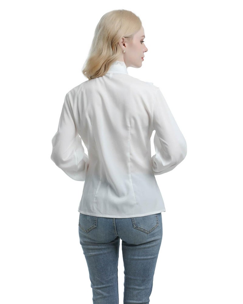Nuoqi Women Lolita Lace Stand-Up Collar White Lotus Ruffle Shirt Retro Victorian Blouse GC238A-M - Image 4