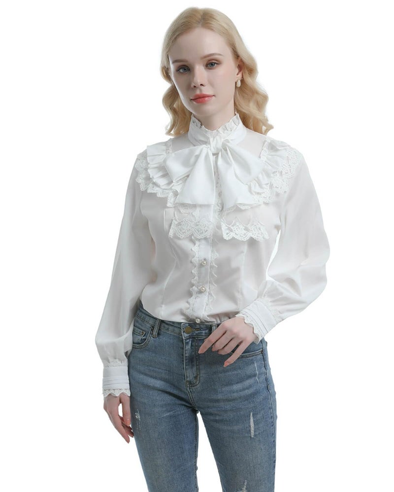 Nuoqi Women Lolita Lace Stand-Up Collar White Lotus Ruffle Shirt Retro Victorian Blouse GC238A-M - Image 2