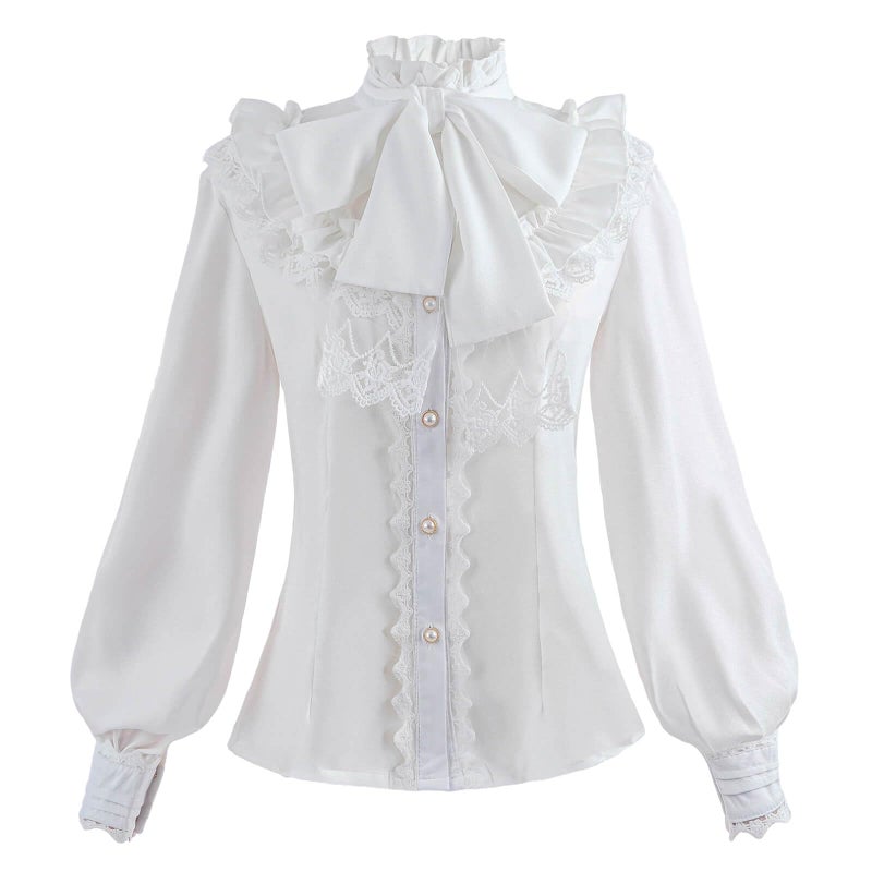 Nuoqi Women Lolita Lace Stand-Up Collar White Lotus Ruffle Shirt Retro Victorian Blouse GC238A-M - Image 1
