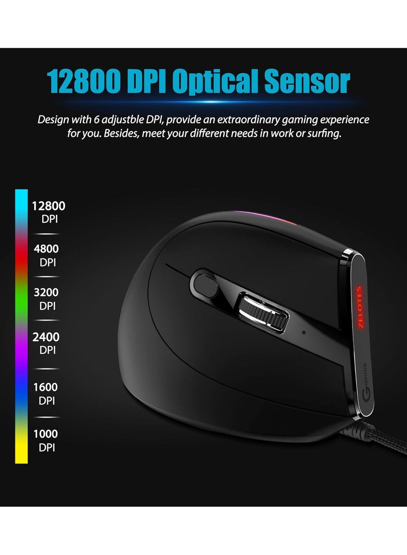 general Wired gaming mouse, ergonomic mouse with 12800 DPI/9 programmable ons, onboard memory, lightweight vertical optical gaming mouse (black) suitable for Windows/PC/laptop/e-sports/gaming consoles - Image 5
