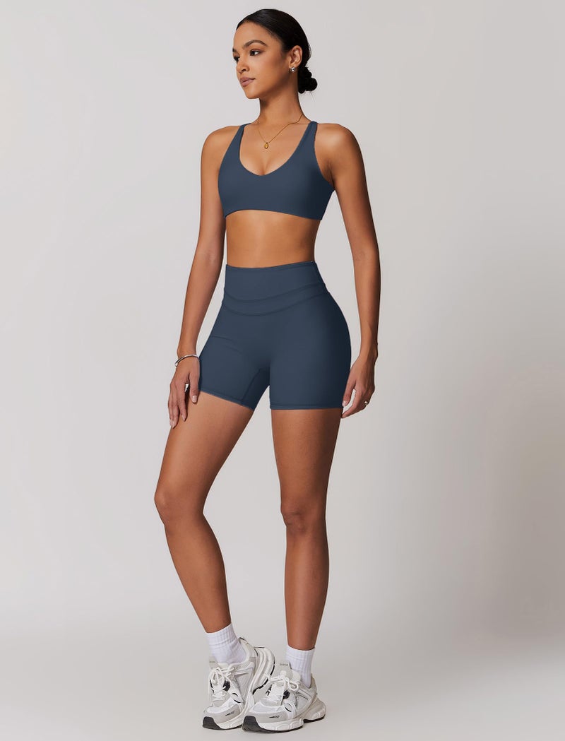 ABOCIW Workout Sets for Women 2 Piece V Neck Twist Back Sports Bra High Waist Biker Shorts Gym Yoga Pilates Outfits Navy Blue Small - Image 5