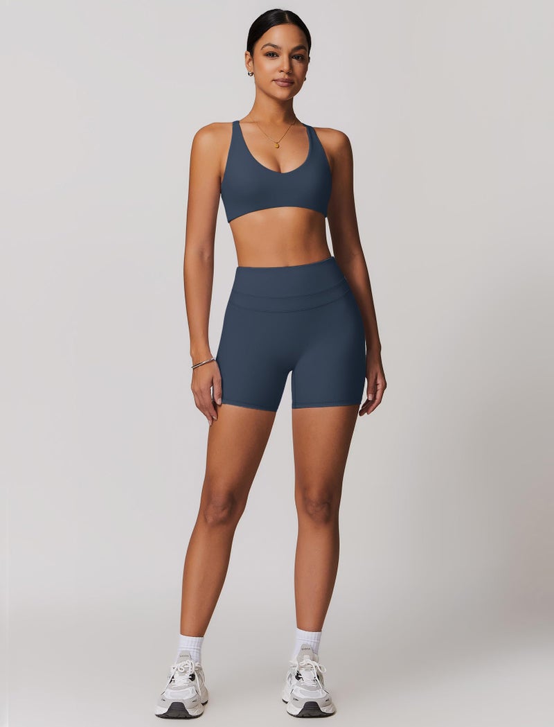 ABOCIW Workout Sets for Women 2 Piece V Neck Twist Back Sports Bra High Waist Biker Shorts Gym Yoga Pilates Outfits Navy Blue Small - Image 4