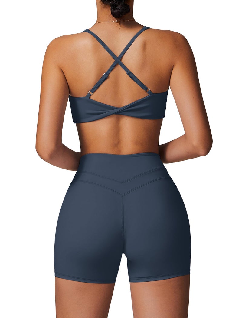 ABOCIW Workout Sets for Women 2 Piece V Neck Twist Back Sports Bra High Waist Biker Shorts Gym Yoga Pilates Outfits Navy Blue Small - Image 1