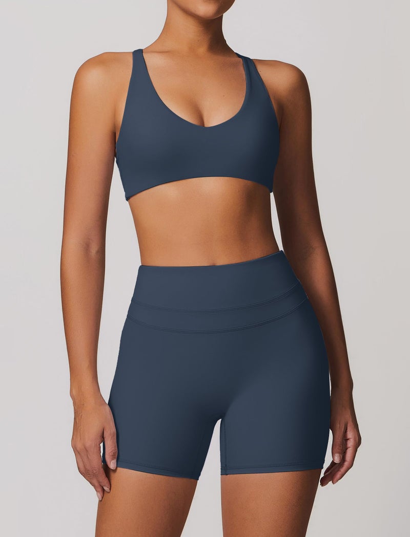 ABOCIW Workout Sets for Women 2 Piece V Neck Twist Back Sports Bra High Waist Biker Shorts Gym Yoga Pilates Outfits Navy Blue Small - Image 2