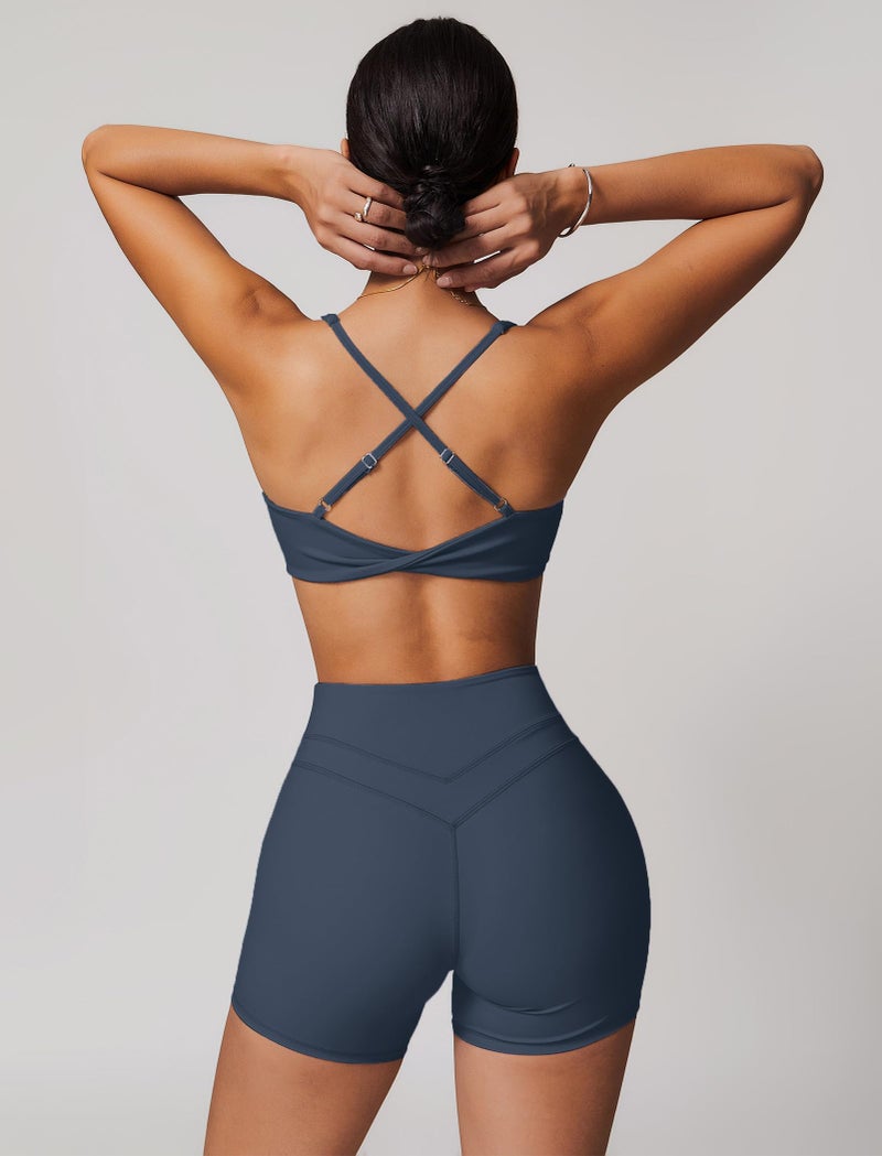 ABOCIW Workout Sets for Women 2 Piece V Neck Twist Back Sports Bra High Waist Biker Shorts Gym Yoga Pilates Outfits Navy Blue Small - Image 3