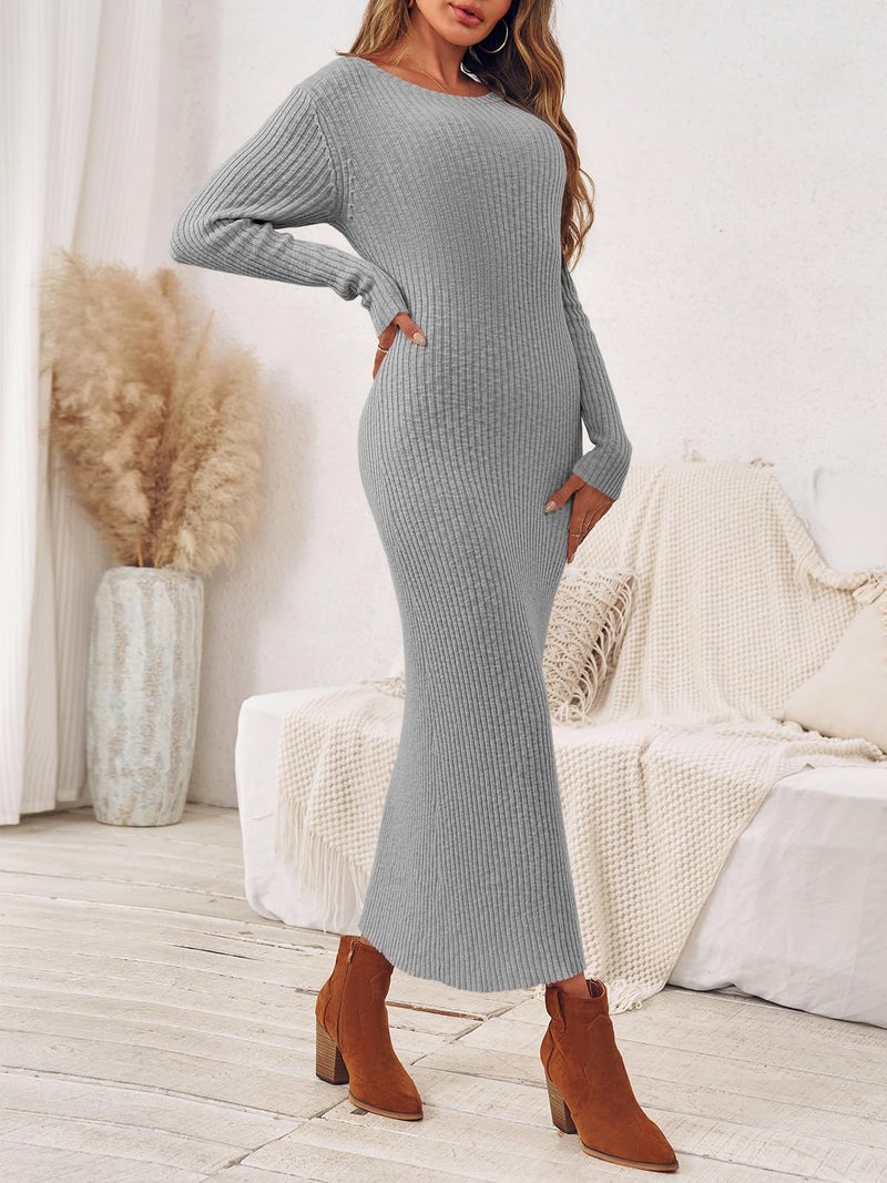 Wenrine Womens Sweater Maxi Dress Long Sleeve Knit Ribbed Crew Neck Slim Fit Casual Fall Long Dresses Grey - Image 4