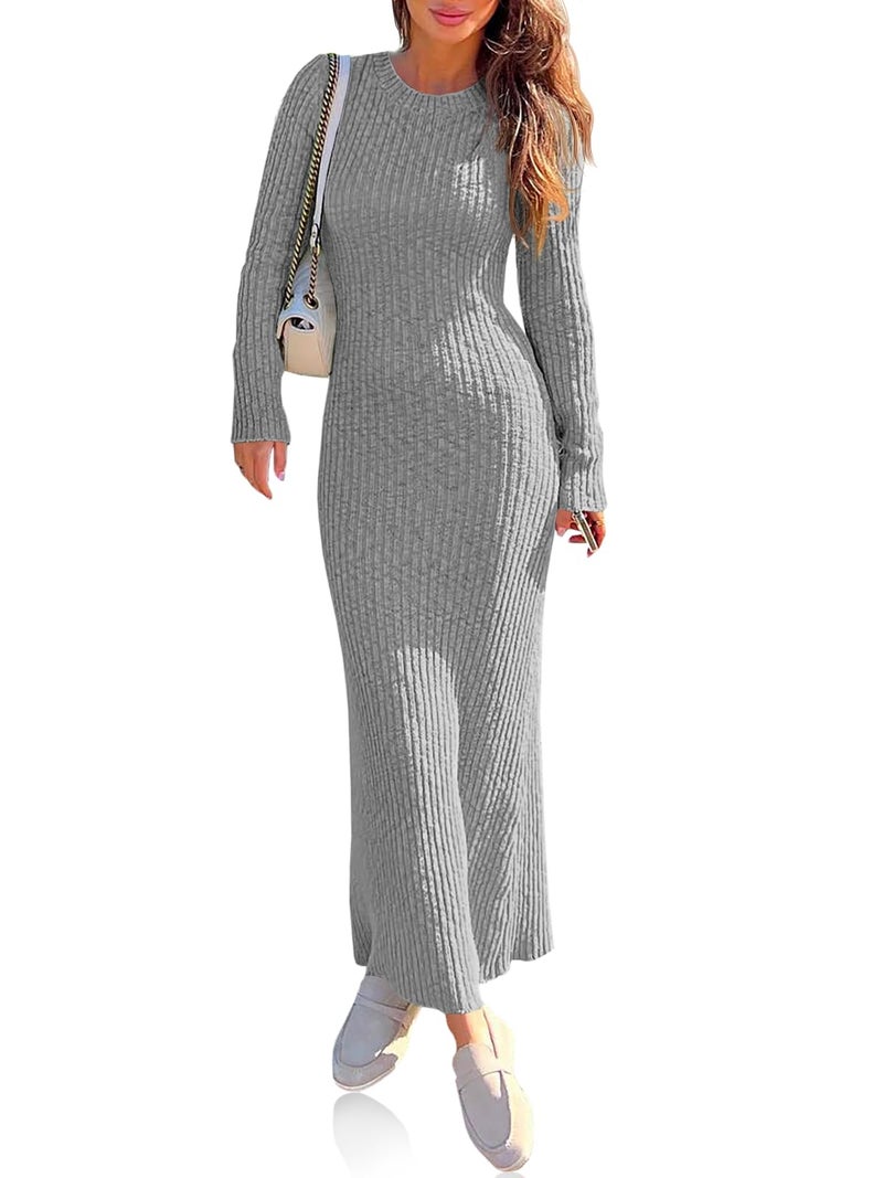 Wenrine Womens Sweater Maxi Dress Long Sleeve Knit Ribbed Crew Neck Slim Fit Casual Fall Long Dresses Grey - Image 1