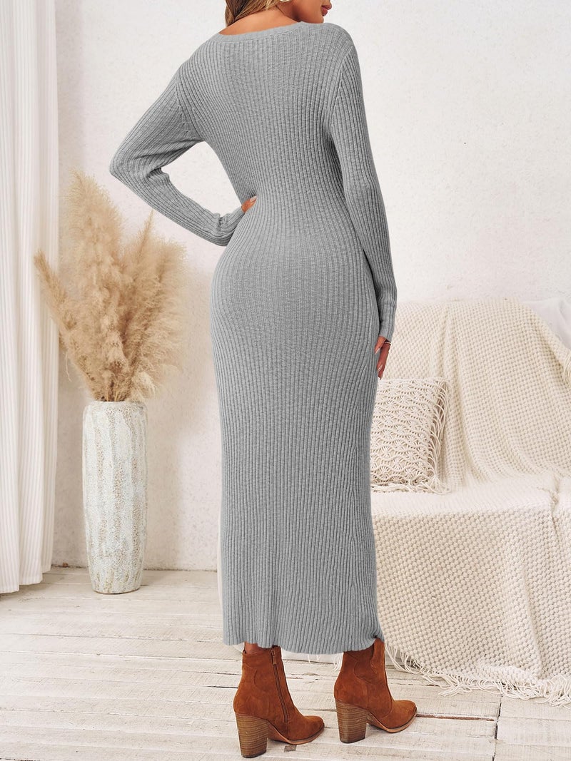 Wenrine Womens Sweater Maxi Dress Long Sleeve Knit Ribbed Crew Neck Slim Fit Casual Fall Long Dresses Grey - Image 5