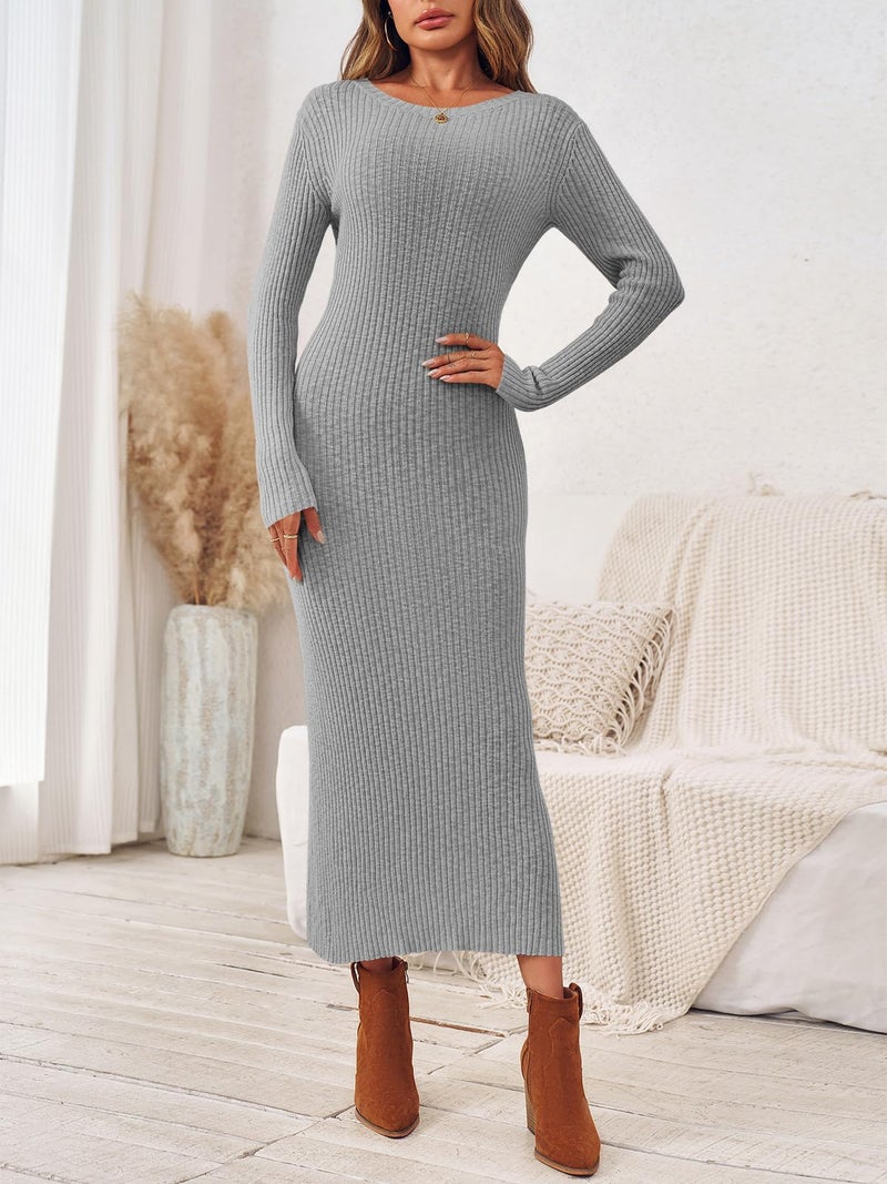 Wenrine Womens Sweater Maxi Dress Long Sleeve Knit Ribbed Crew Neck Slim Fit Casual Fall Long Dresses Grey - Image 3