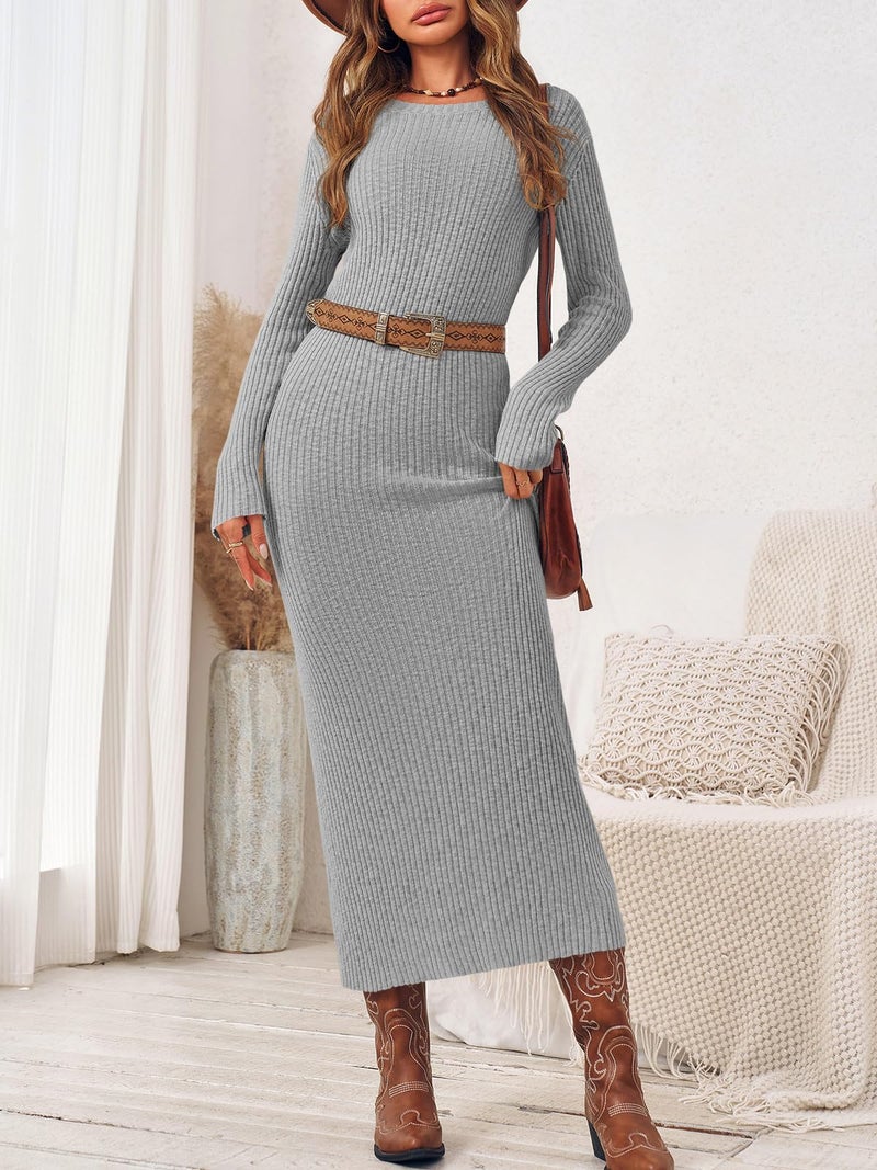 Wenrine Womens Sweater Maxi Dress Long Sleeve Knit Ribbed Crew Neck Slim Fit Casual Fall Long Dresses Grey - Image 2