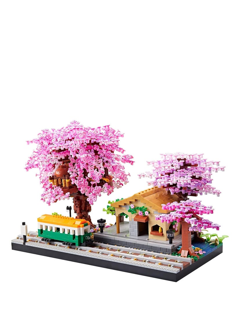 SYOSI Mini Japanese Cherry Blossom Train Station Building Blocks Set, DIY Plant Model for Adults, 14+ Teens, Home Decor Accessories, NOT Compatible with Lego (3668 Pcs) - Image 1