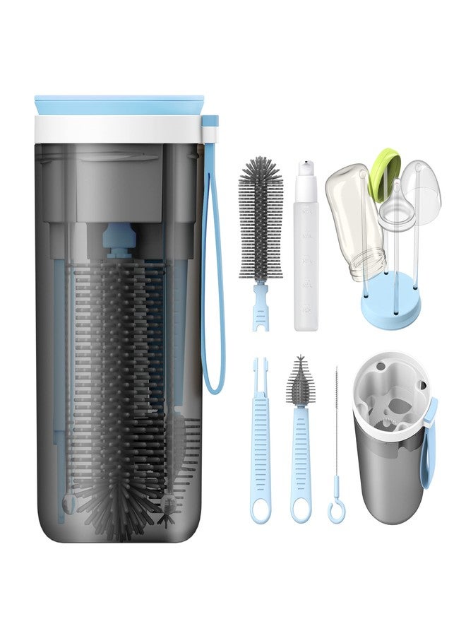 YOTIME Travel Baby Bottle Brush Set with Portable Silicone Bottle Brush, Nipple Cleaner Brush, Straw Brush, Soap Dispenser and Bottle Drying Rack, Blue - Image 1