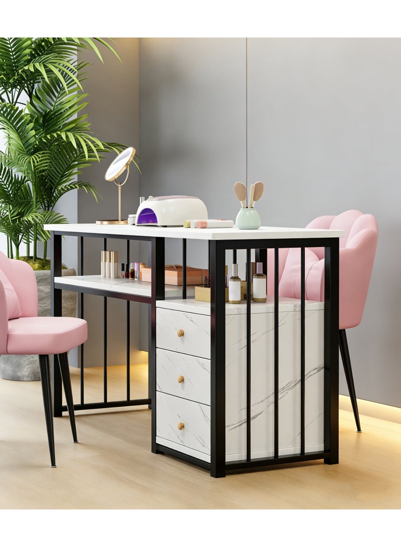 Manicure Table with 3 Drawers, Professional Nail Desk Workstation for Salon/Home Spa Beauty, Small Marble Look Desk with Drawers and Open Shelves for Home Office Manicure, White, YN128 - Image 4