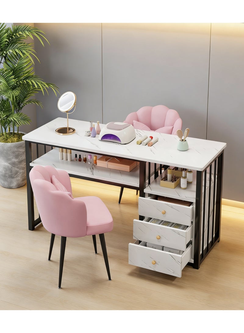 Manicure Table with 3 Drawers, Professional Nail Desk Workstation for Salon/Home Spa Beauty, Small Marble Look Desk with Drawers and Open Shelves for Home Office Manicure, White, YN128 - Image 1