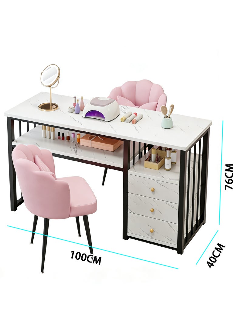 Manicure Table with 3 Drawers, Professional Nail Desk Workstation for Salon/Home Spa Beauty, Small Marble Look Desk with Drawers and Open Shelves for Home Office Manicure, White, YN128 - Image 2