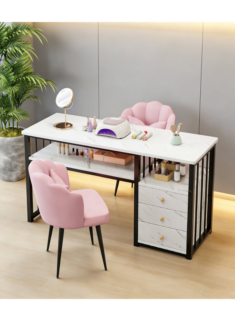 Manicure Table with 3 Drawers, Professional Nail Desk Workstation for Salon/Home Spa Beauty, Small Marble Look Desk with Drawers and Open Shelves for Home Office Manicure, White, YN128 - Image 3