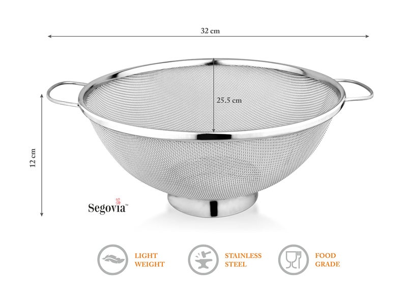 SEGOVIA Food Grade Stainless Steel Multipurpose Puran Jali Chalni Mesh Strainer | Colander Strainer for Washing Rice Pasta Small Grains Vegetables Fruits- Capacity 3000ml 1Pc (26CM), Silver - Image 2