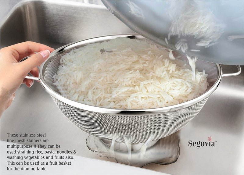 SEGOVIA Food Grade Stainless Steel Multipurpose Puran Jali Chalni Mesh Strainer | Colander Strainer for Washing Rice Pasta Small Grains Vegetables Fruits- Capacity 3000ml 1Pc (26CM), Silver - Image 5
