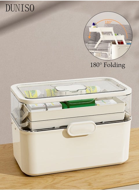 Medicine Box Plastic Medicine Storage Box Family Emergency Kit Medical Kit 3 Layers Home First Aid Box Child Proof Medicine Box Organizer Pill Case with Compartments and Handle
