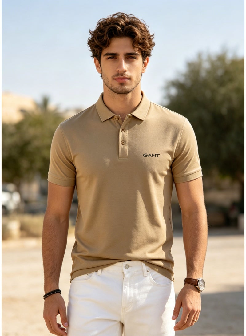 GANT Men's Short Sleeve Solid Polo Shirt, Regular Fit, Neutral Casual Wear, Beige - Image 3