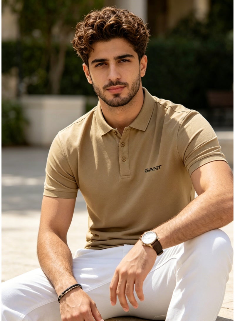 GANT Men's Short Sleeve Solid Polo Shirt, Regular Fit, Neutral Casual Wear, Beige - Image 2
