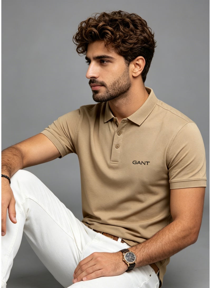 GANT Men's Short Sleeve Solid Polo Shirt, Regular Fit, Neutral Casual Wear, Beige - Image 1