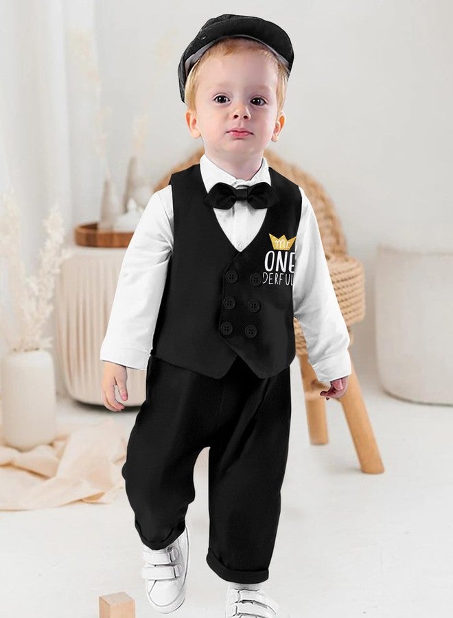 Aulyffo Mr Onederful 1st Birthday Outfit Set - Long Sleeve Romper, Double Breasted Vest, Pants, Bowtie & Hat - Black - Image 3