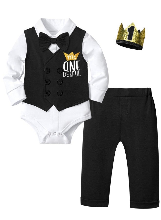 Aulyffo Mr Onederful 1st Birthday Outfit Set - Long Sleeve Romper, Double Breasted Vest, Pants, Bowtie & Hat - Black - Image 1