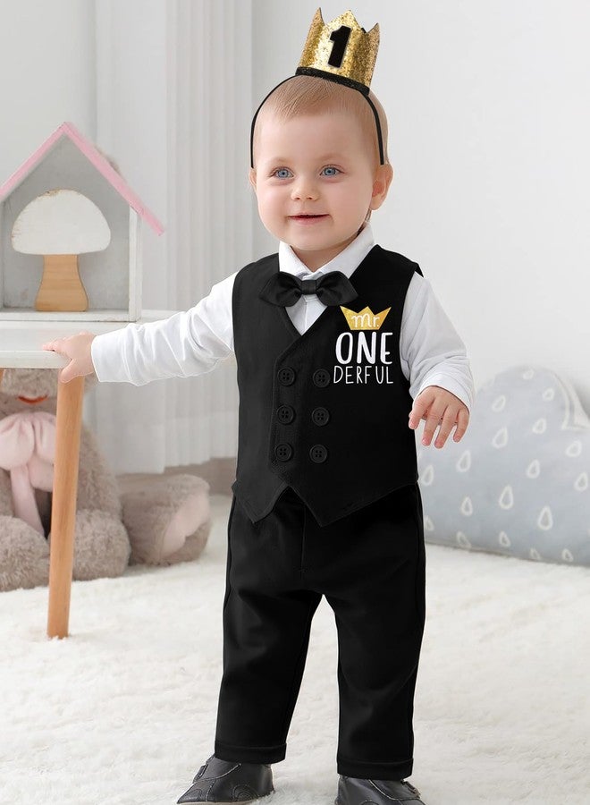 Aulyffo Mr Onederful 1st Birthday Outfit Set - Long Sleeve Romper, Double Breasted Vest, Pants, Bowtie & Hat - Black - Image 2