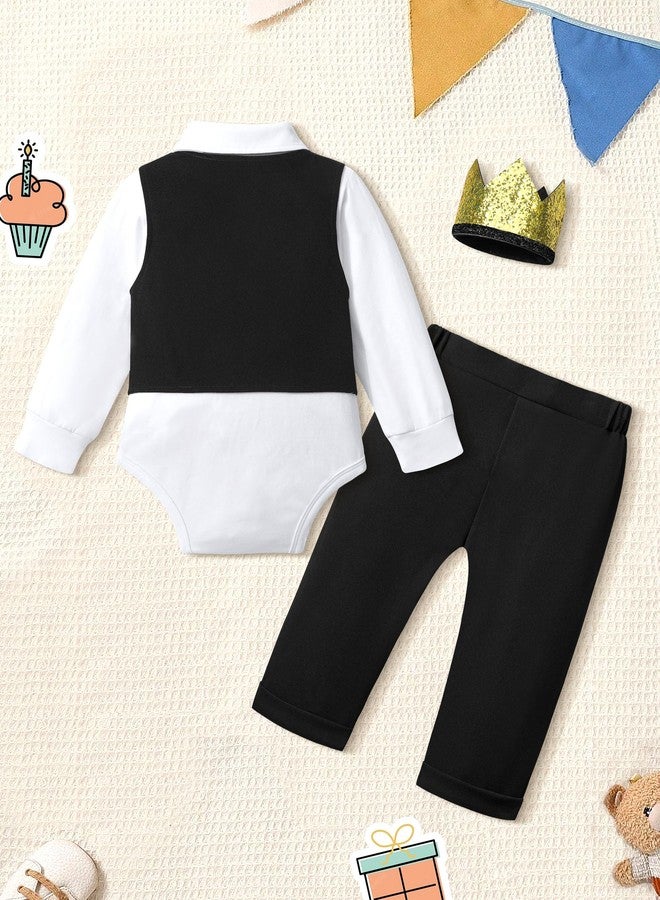 Aulyffo Mr Onederful 1st Birthday Outfit Set - Long Sleeve Romper, Double Breasted Vest, Pants, Bowtie & Hat - Black - Image 5