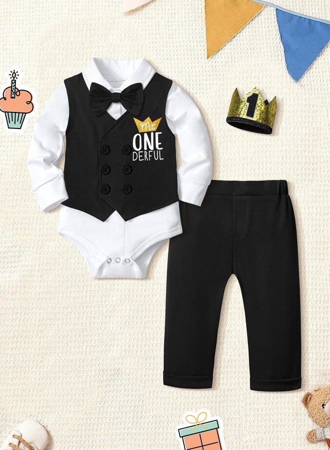 Aulyffo Mr Onederful 1st Birthday Outfit Set - Long Sleeve Romper, Double Breasted Vest, Pants, Bowtie & Hat - Black - Image 4