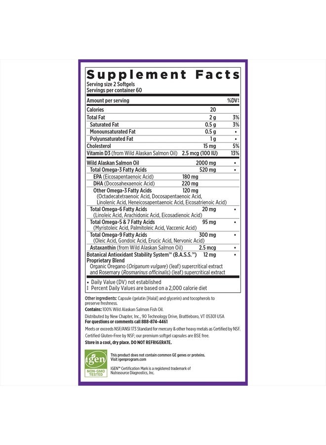Wholemega Fish Oil Supplement - Wild Alaskan Salmon Oil with Omega-3 + Vitamin D3 + Astaxanthin + Sustainably Caught - 120 ct, 1000mg Softgels