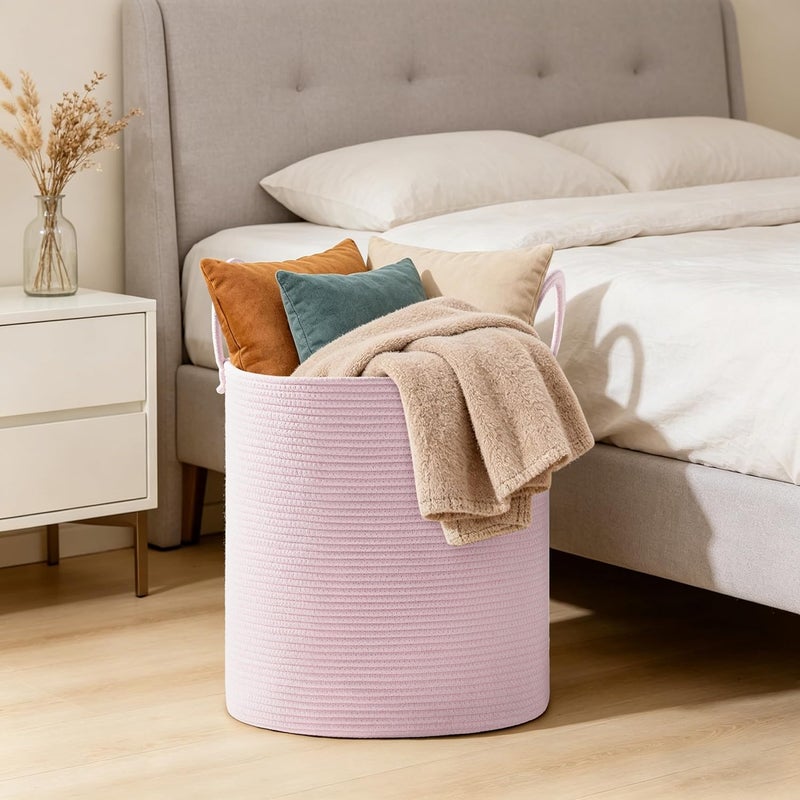 SunNewt Girls' Tall Laundry Basket with Handles, 58L Portable Dirty Clothes Hamper, Boho Cotton Rope Storage Bin for Blankets Kids Toys Gifts, Decorative Organizer for Nursery Bedroom Bathroom, Pink - Image 5