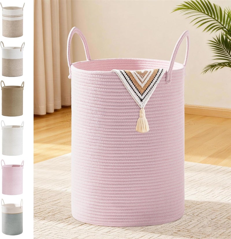 SunNewt Girls' Tall Laundry Basket with Handles, 58L Portable Dirty Clothes Hamper, Boho Cotton Rope Storage Bin for Blankets Kids Toys Gifts, Decorative Organizer for Nursery Bedroom Bathroom, Pink - Image 1