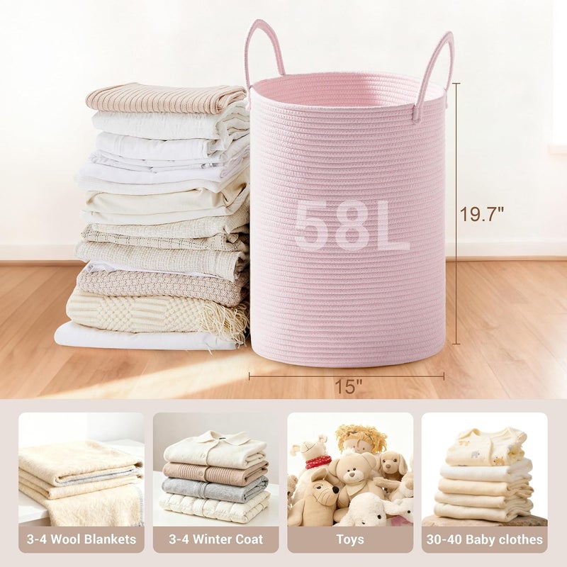 SunNewt Girls' Tall Laundry Basket with Handles, 58L Portable Dirty Clothes Hamper, Boho Cotton Rope Storage Bin for Blankets Kids Toys Gifts, Decorative Organizer for Nursery Bedroom Bathroom, Pink - Image 2