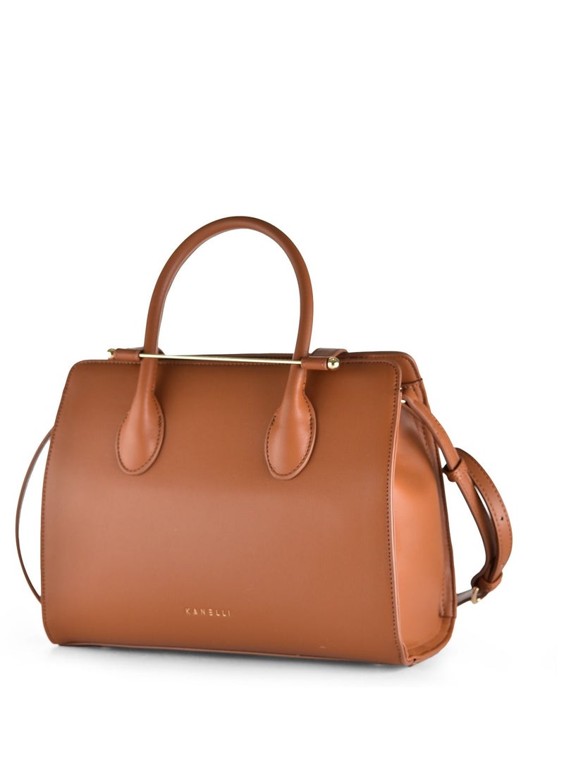 KANELLI - Kanelli leather hand bag large size with a unique closing method for women Brown - Image 1