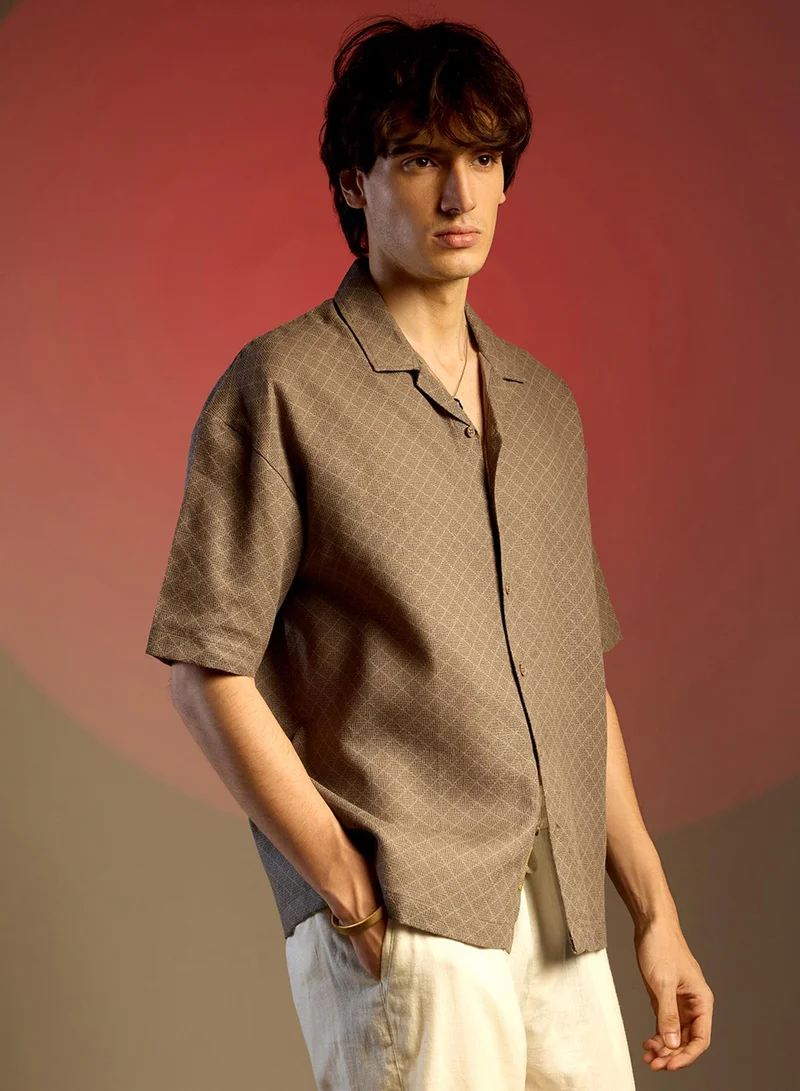 CAHOOT  Men's Peanut Brown Quad-Lined Oversized Shirt For Casual Wear | Cuban Collar | Short Sleeve | Button Closure | Oversized Shirt Crafted With Comfort Fit For Everyday Wear for Men | Best Price UAE