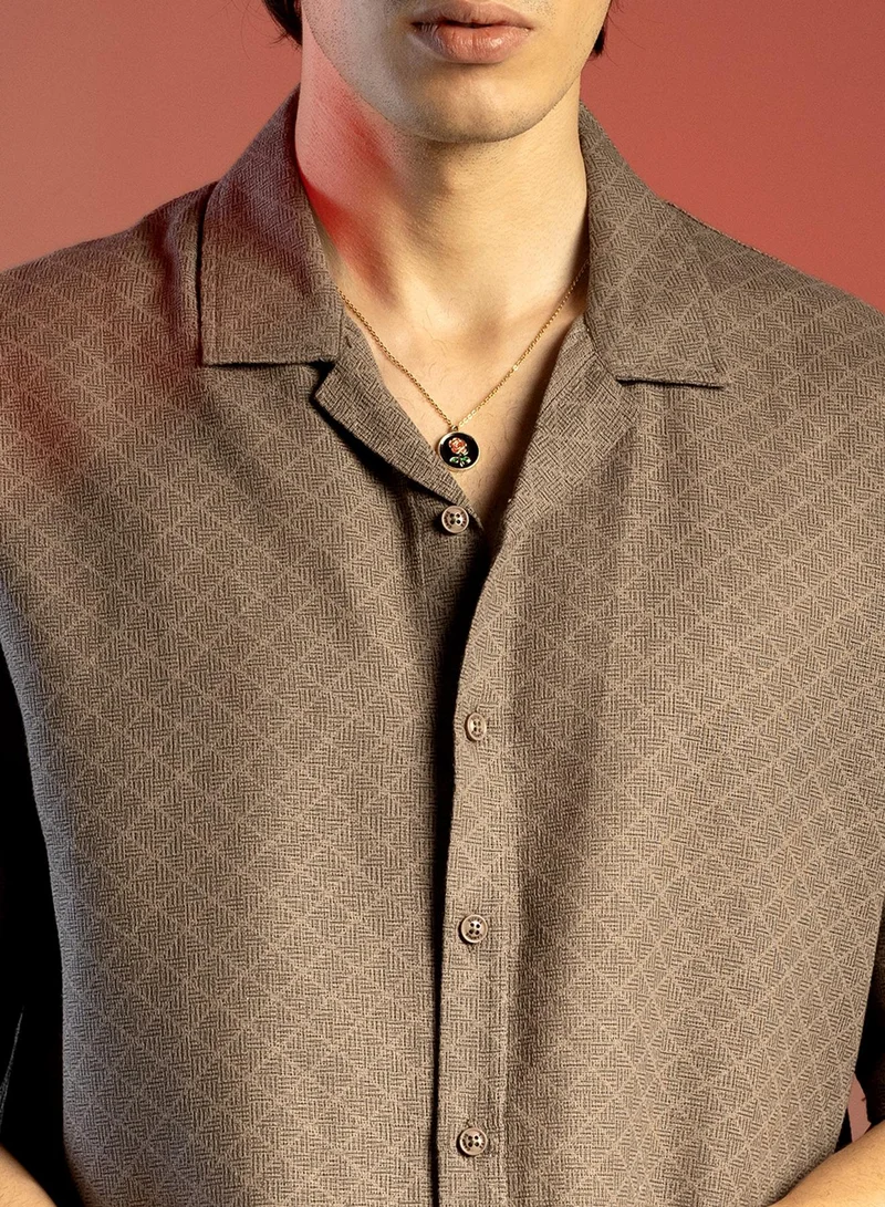 CAHOOT  Men's Peanut Brown Quad-Lined Oversized Shirt For Casual Wear | Cuban Collar | Short Sleeve | Button Closure | Oversized Shirt Crafted With Comfort Fit For Everyday Wear for Men | Best Price UAE