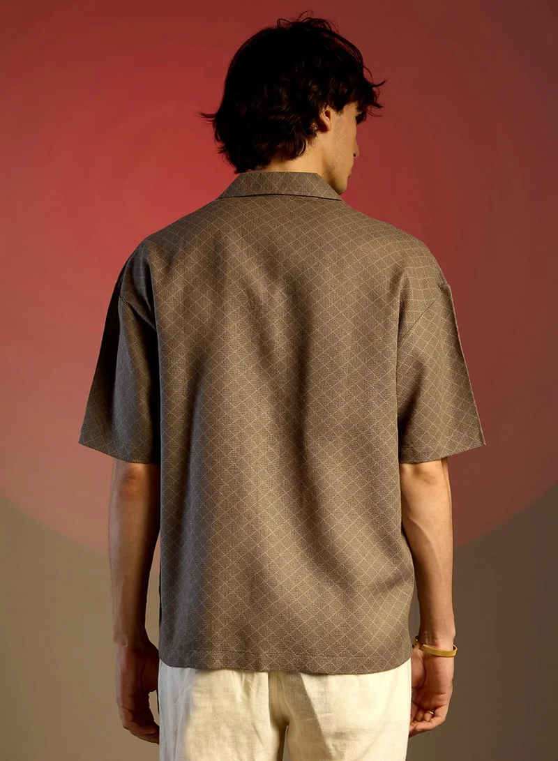 CAHOOT  Men's Peanut Brown Quad-Lined Oversized Shirt For Casual Wear | Cuban Collar | Short Sleeve | Button Closure | Oversized Shirt Crafted With Comfort Fit For Everyday Wear for Men | Best Price UAE