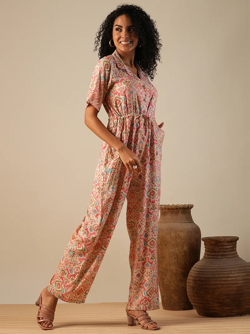 globus Globus Women Cuban Collar Geometric Print Waist Tie-Ups Fusion Jumpsuit