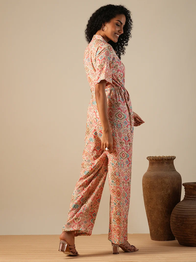 globus Women Cuban Collar Geometric Print Waist Tie-Ups Fusion Jumpsuit