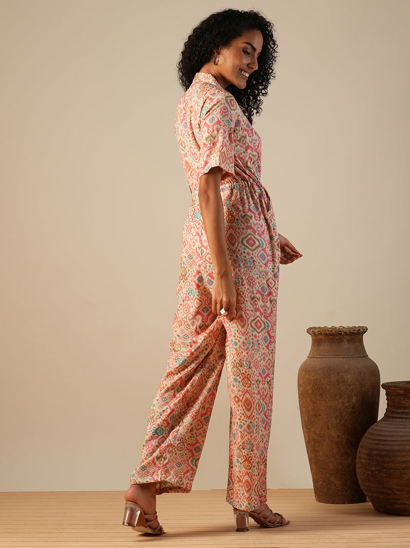 globus Globus Women Cuban Collar Geometric Print Waist Tie-Ups Fusion Jumpsuit - Image 3