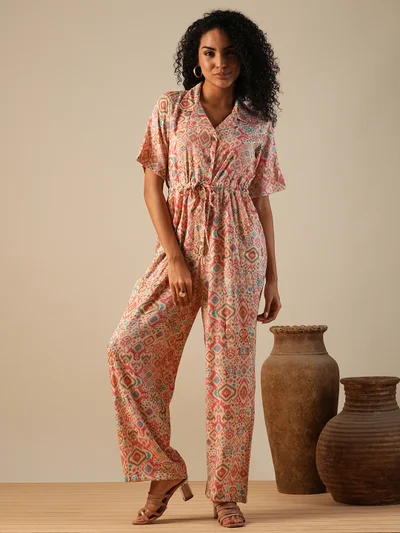 globus Women Cuban Collar Geometric Print Waist Tie-Ups Fusion Jumpsuit