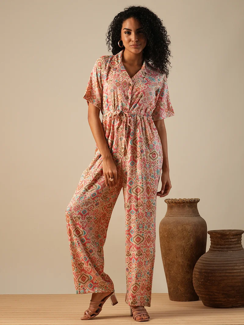 globus Globus Women Cuban Collar Geometric Print Waist Tie-Ups Fusion Jumpsuit
